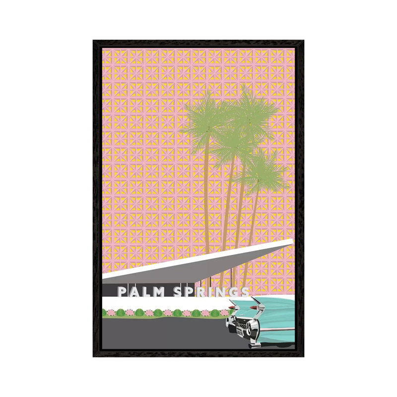 Palm Springs With Convertible by Jen Bucheli - Print on Canvas, Black Framed, 66.04cm H x 45.72cm W x 3.81cm D