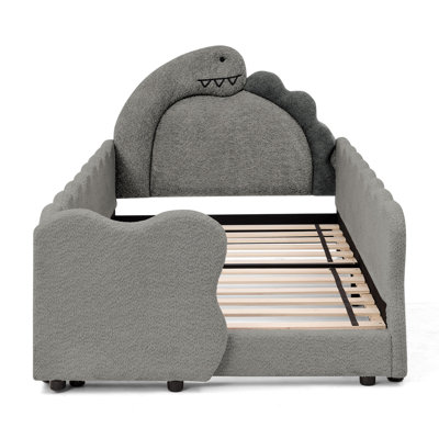 Twin Size Cute Dinosaur-Shaped Kids Bed With Safety Guardraild, Solid Wood Toddler Bed Frame For Children For Bedroom, Boucle Fabric