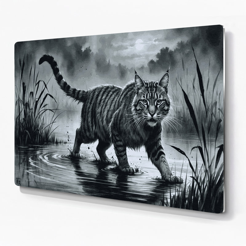 «Big Cats Fishing Cat», art mural en métal noir, H 12 po x l 18 po