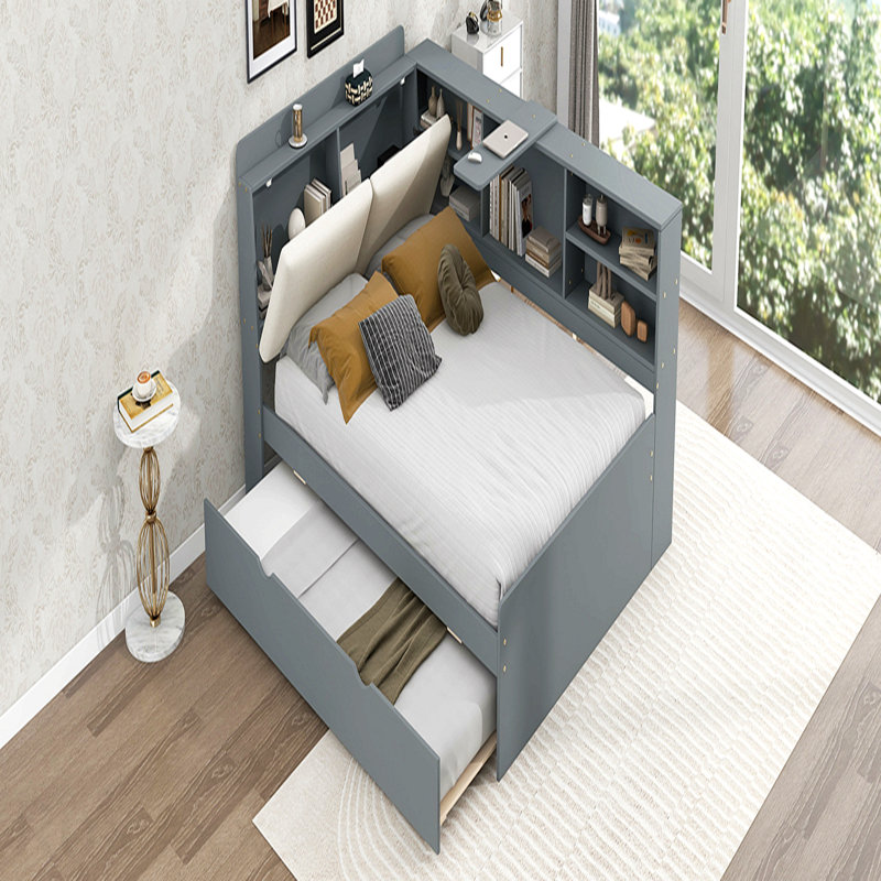 Lit plateforme en bois avec lit gigogne, tablettes et tête de lit en bois, Gris