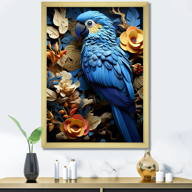 «Blue Parrot Paradise», reproduction d'art mural, Cadre doré simple, H 32 po x l 16 po x P 1 po