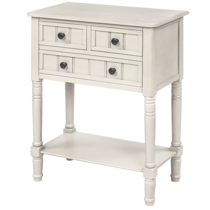 Narrow Console Table, Slim Sofa Table With Three Storage Drawers And Bottom Shelf, Ivory White
