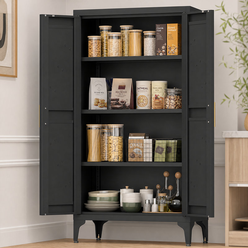 Versatile All-Steel Kitchen Pantry Cabinet With Adjustable Shelving And Secure Magnetic Closure, Black