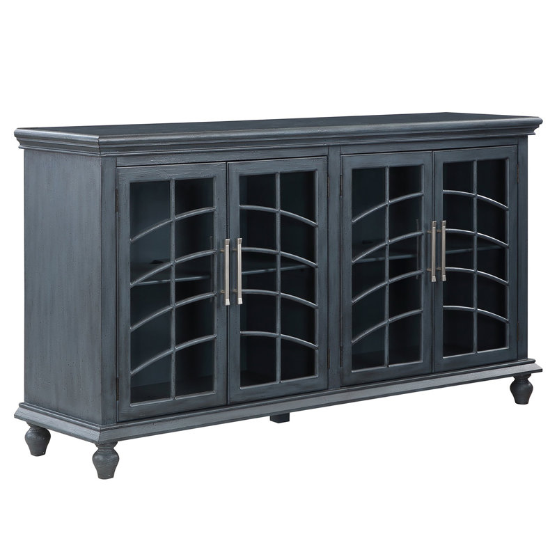 Crédence média 71,75 po en bois massif bleu 4 portes