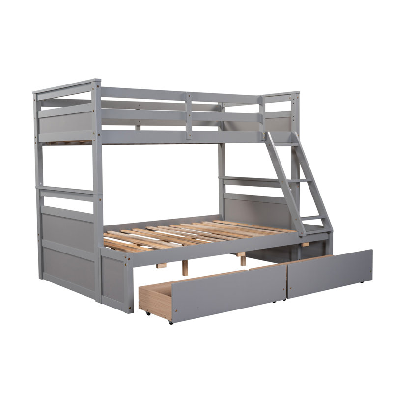Lit superposé simple au-dessus d'un lit double gris avec tiroirs de rangement sous le lit - Ajoute du style à la chambre à coucher