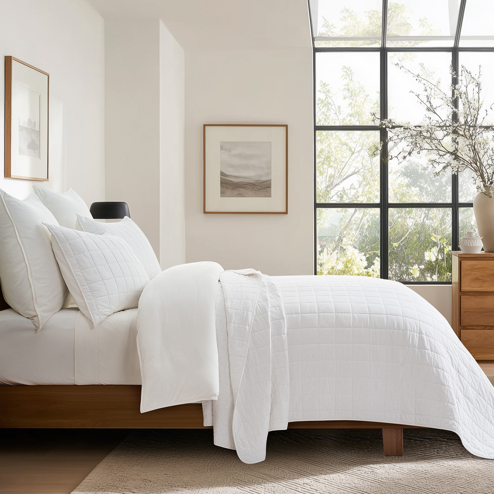 100% Cotton Box Stitch Quilt Set, Queen Quilt + 2 Queen Shams, Bright White