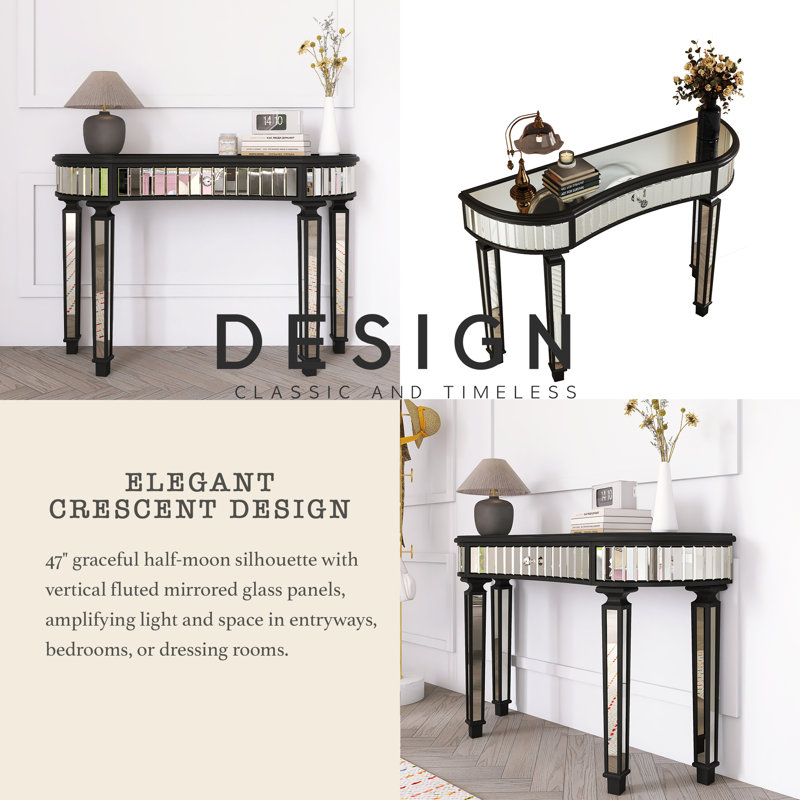 Console demi-lune avec miroir et tiroir en verre cannelé, Noir