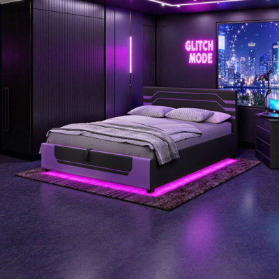Cadre de lit pour grand lit avec rangement hydraulique - conception inspirée Esports, lit plateforme relevable pour économiser de l'espace et organiser