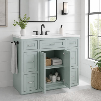 Meuble-lavabo de salle de bain avec lavabo en céramique, 6 tiroirs et portes à fermeture en douceur