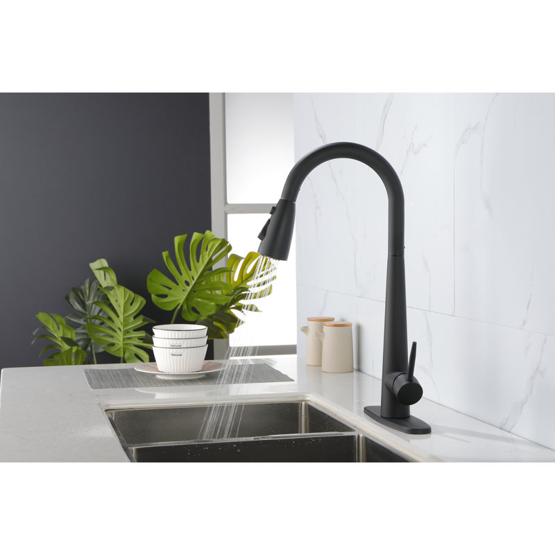Single Handle Pull Down Kitchen Sink Faucet Of Stainless Steel, Matte Black Color Scheme, 360 Rotating High - Arc Nozzle, Three Water Output Choices  Stream, Spray,  , Easy Temperature And Flow