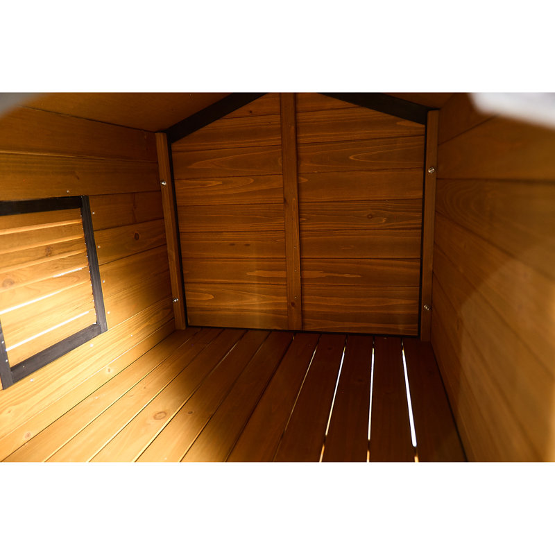 Grande niche pour chien avec plateforme d'alimentation surélevée, boîte de rangement latérale et porte verrouillable - maison en bois de sapin pour petits et moyens chiens, porche de chenil pour animaux de compagnie jaune, toit en asphalte, plateforme