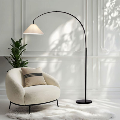 76"H Stylish Black Arc Floor Lamp With Beige Fabric Shade