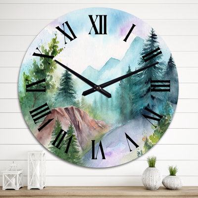 Paysage avec chemin forestier et montagnes lointaines - Horloge murale champêtre
