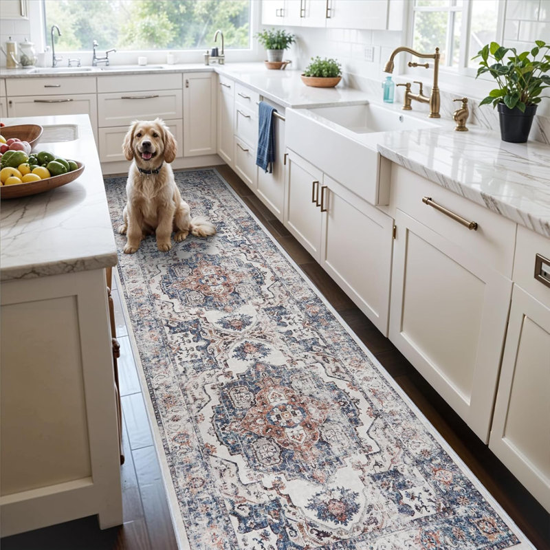 Wide Hallway Rug: Vintage Washable Soft for Living Room Bedroom Water Resistant Carpet with Non-Slip Backing for Entry Kitchen Dining Room Thin Bathroom Floor Mat(Brick)