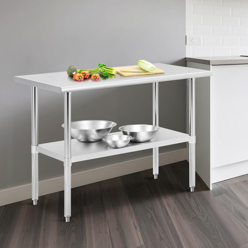 Table robuste en acier inoxydable, table de préparation de cuisine certifiée NSF avec tablette réglable, capacité de 430 + 260 lb, résistante à la rouille et facile à nettoyer pour un usage commercial et domestique