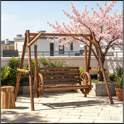 Balancelle de véranda 2 places avec support en A, banc de patio en bois rond avec accoudoirs à roulettes