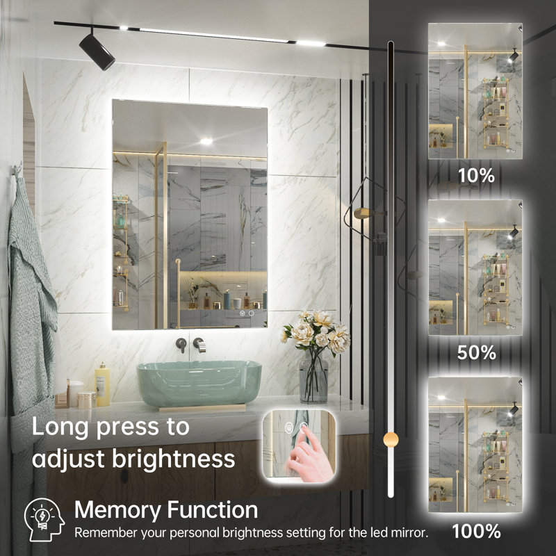 Adorna LED Backlit Frameless Lighted Bathroom Vanity Mirror Wall Mirror Dimmable Anti Fog, 24" x 36"