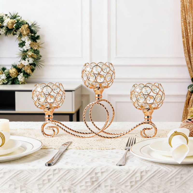 Élégant porte-bougie en cristal à 3 bras, centre de table en métal doré pour décoration de salon, de Noël et de salon