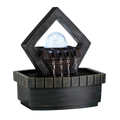 9.5" Tall Indoor Tabletop Water Fountain with LED Light and Rotating Ball, Brown Polyresin