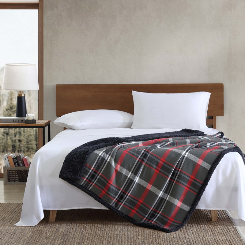 Eddie Bauer Printed Flannel/Sherpa Throw Blankets, Winslow Gray