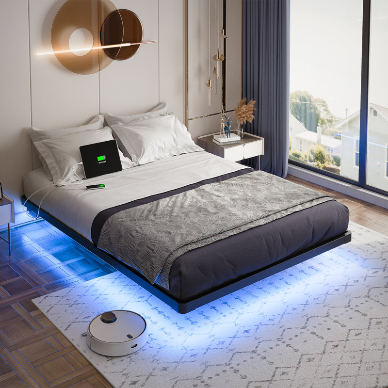 Kathrene Floating Metal Bed Frame with LED Lights and Charging Station, Open-Frame, Underbed Storage Space No Box Spring