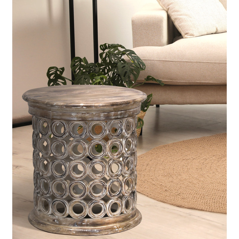 Bjarne Brown Distressed Carved Handmade Solid Wood Drum End Table
