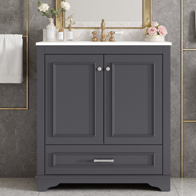 30" French-Inspired Bathroom Vanity with Ceramic Sink | Solid Wood Frame, 2 Soft-Close Doors with Adjustable Shelf & Drawer, Stripe Carved Details for Vintage Charm