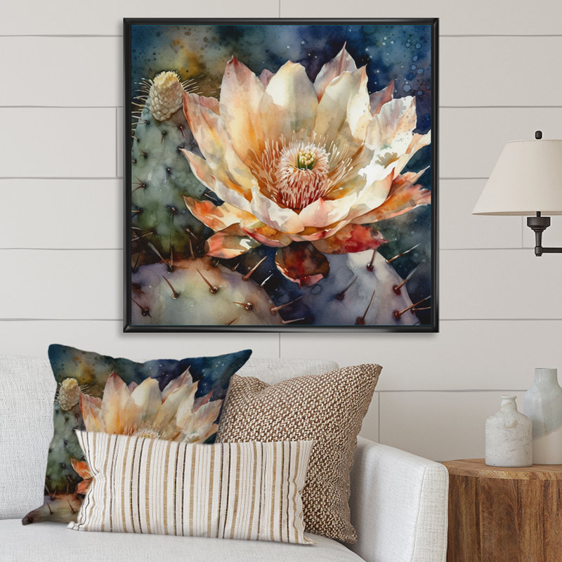 Rozann, fleur de cactus blanc bleu sur toile, H 36 po x l 36 po x P 1,5 po, Cadre flottant noir