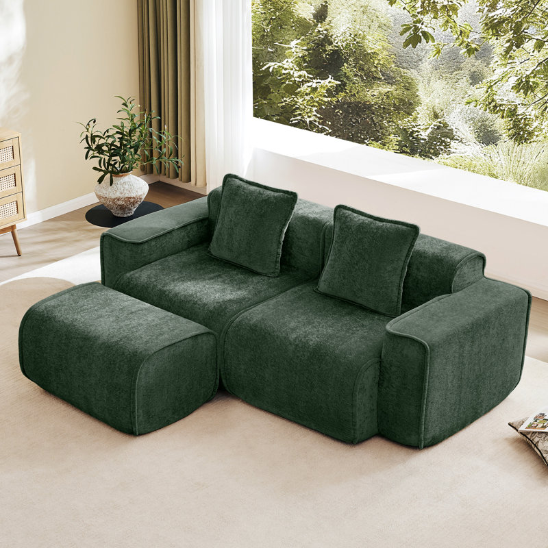 Canapé d'angle 2 places en velours, sans ossature apparente, avec passepoil français, aucun assemblage requis, coussins décoratifs inclus, modulable et adaptable en forme de L, tissu, assemblage sur les bords, mousse haute résilience