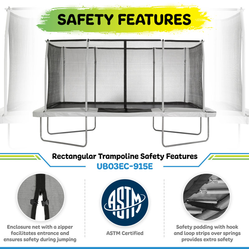 Black Rectangular Trampoline with Enclosure, 9' x 15'