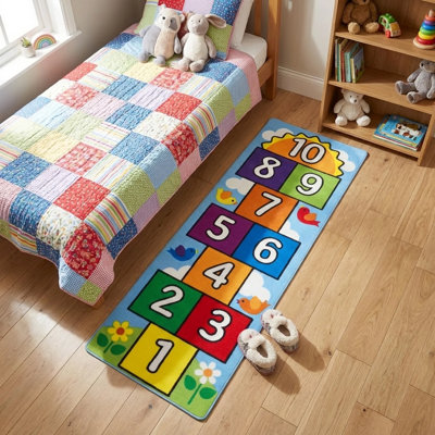 Tapis de chambre de bébé à la marelle 4 x 6, tapis de jeu neutre et antidérapant lavable pour enfants, motif de dessin animé à poils doux, tapis fantaisiste rétro pour chambre de garçon, chambre de tout-petit