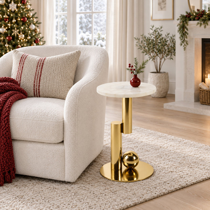 Modern Quartz Top End Table with Gold Base – Elegant Small Side Table for Living Room, Bedroom, Office, or Accent Space – 18” Round Contemporary End Table for Home Decor
