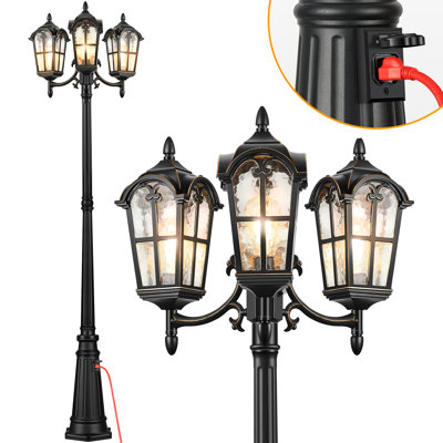 3-Head Dusk to Dawn Outdoor Lamp Post Light Fixture with Outlet