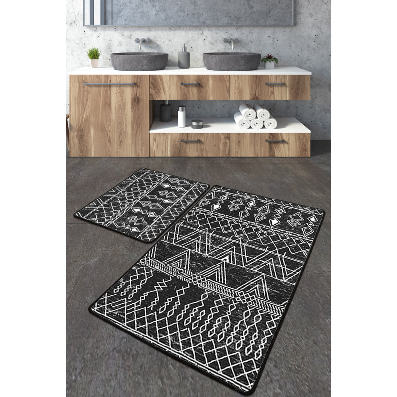 Ensemble de luxueux tapis de bain (3 pièces) - Noir, anthracite et blanc | 100% polyester, antibactérien, antidérapant | Grand tapis de bain: 23,6 x 39,4 pouces, 2 petits tapis de bain: 19,7 x 23,6 pouces | Lavable à la machine, hauteur des poils doux: 0,4 po