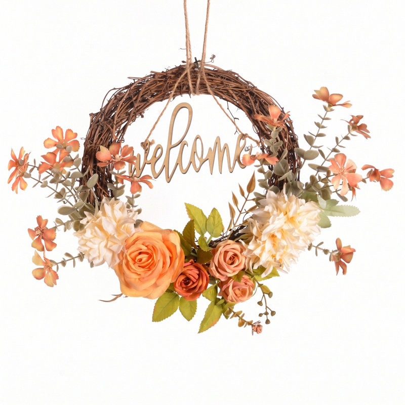 Couronne de soie artificielle rose, couronne de décoration de café pour porte murale de bureau extérieur