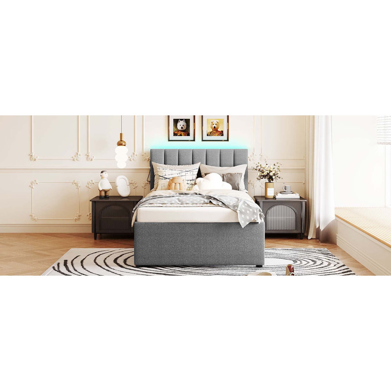 Lit plateforme tapissier simple avec lit gigogne Teddy, gris