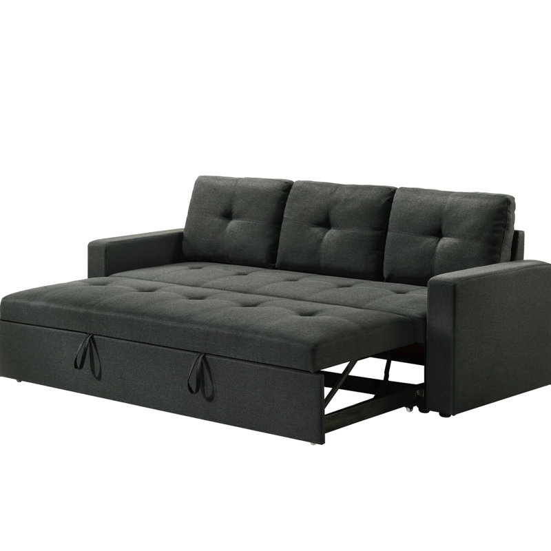Canapé-lit trois places en tissu gris foncé avec coussins, 212 cm de largeur, 74 cm de profondeur, 86 cm de hauteur, 62 kg, lit gigogne 179 cm de largeur x 114 cm de profondeur, 39 cm x 185 cm de largeur, dossier 52 cm x 44 cm, 57 cm de hauteur, pied en plastique noir, rembourrage en mousse