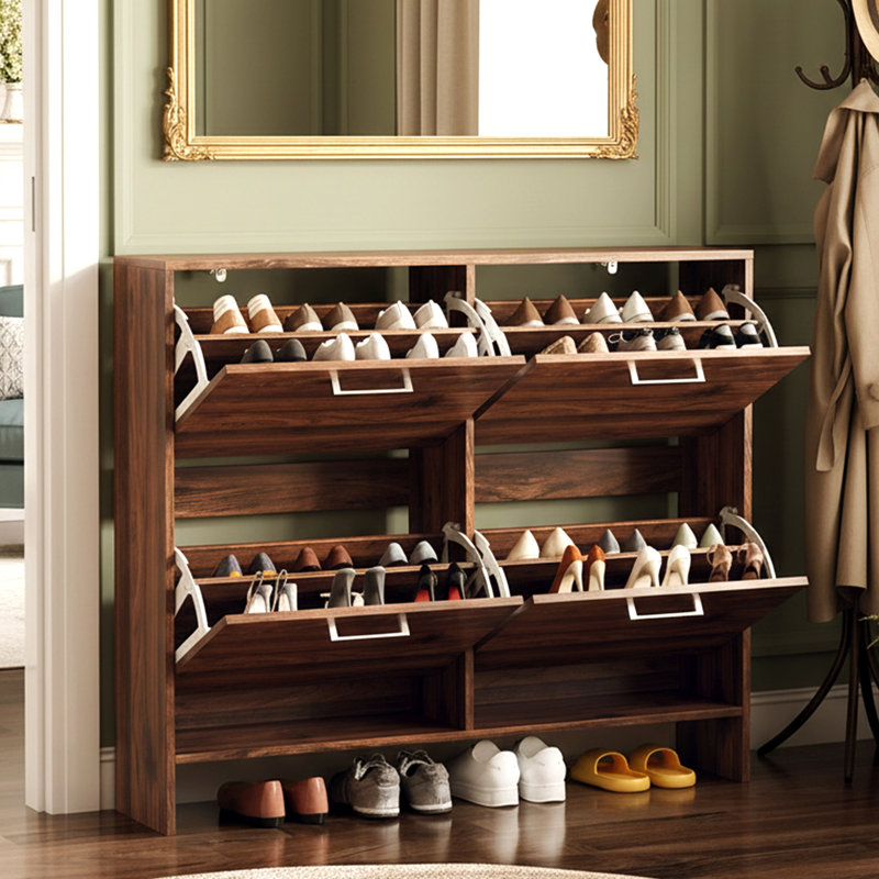 Armoire à chaussures 42 po à 4 tiroirs avec poignées en métal argenté, Noyer