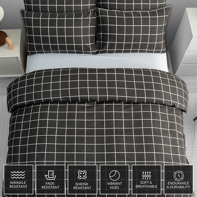 Microfiber Geometric Duvet Cover Set, Single (135cm x 200cm), Charcoal & White