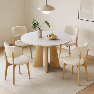 Table ronde ronde en fritté blanc et bois de frêne