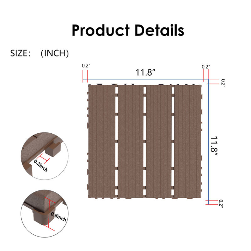 Carreau de terrasse emboîtable en plastique L 12 po x l 12 po, Brun