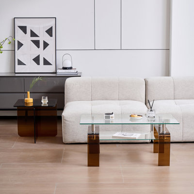 Table basse moderne en verre trempé avec rangement à 2 niveaux, transparente et durable pour le décor du salon