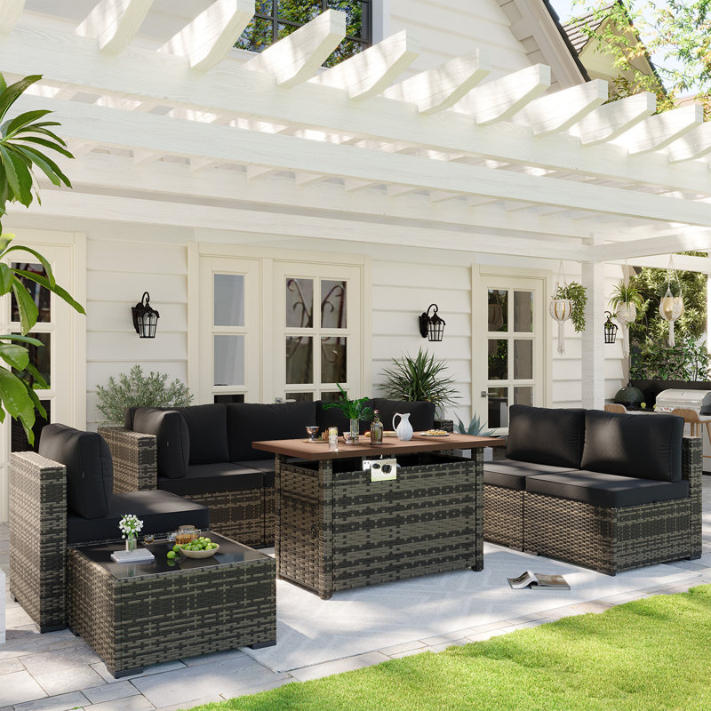 Caradog Wicker 6 - Person Patio Conversation Sets with Cushions, Coffee Table and 44" Fire Pit Table