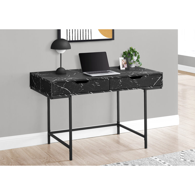 Bureau d'ordinateur 47,62 po avec stratifié en marbre noir - 2 tiroirs de rangement, structure en métal, stratifié moderne