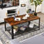 Table basse Console avec tablette de rangement et structure en métal aspect bois brun-278214352