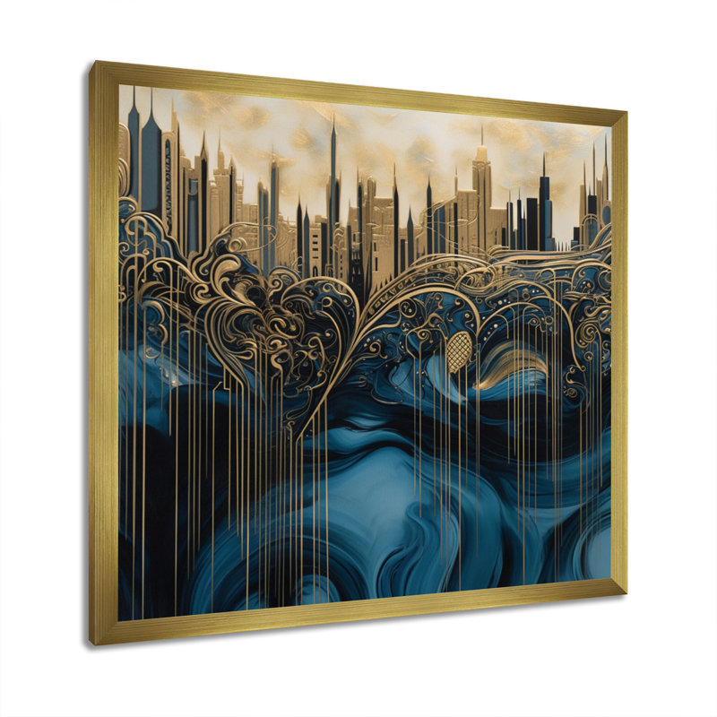 «Gold and Blue Urban Elegance I», reproduction sur toile encadrée, H 30 po x l 30 po x P 1 po, Cadre flottant doré
