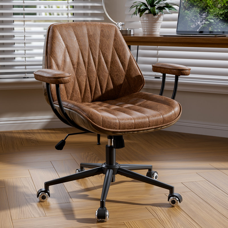 Mid Century Modern Office Desk Chair with Arms, Premium Cognac Brown Faux Leather Computer Chair, Height Adjustable Vintage Swivel Task Chair for Home Office