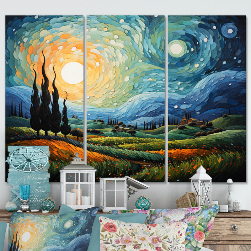 Vangogh, le cyprès oscillant II sur toile, 3 pièces, H 28 po x l 36 po x P 1 po