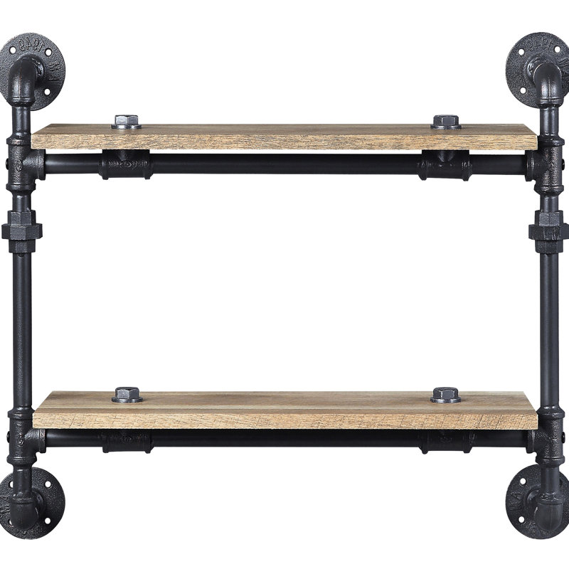 2 Wall Shelf With Industrial Look - Metal Frame, Oak And Sandy Black, Ideal For Displaying & Storing Industrial-Style Frame Construction, Black Finish, Stylish Storage