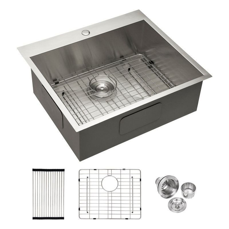 Évier de cuisine 25 po x 22 po x 9 po encastré à cuve simple en acier inoxydable de calibre 16 25 po